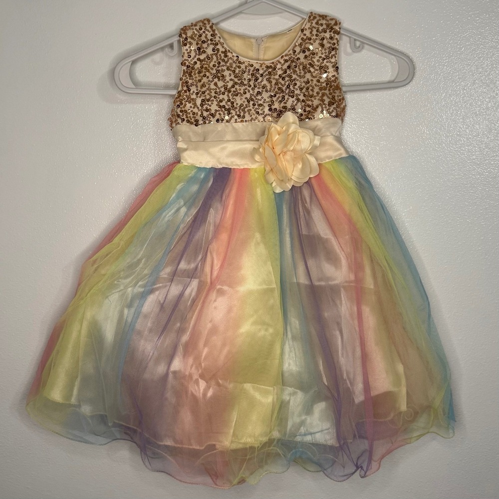 Unbranded Sequin Tulle Party Dress Kids Size 100 3T/4T Rainbow Gold New Flower